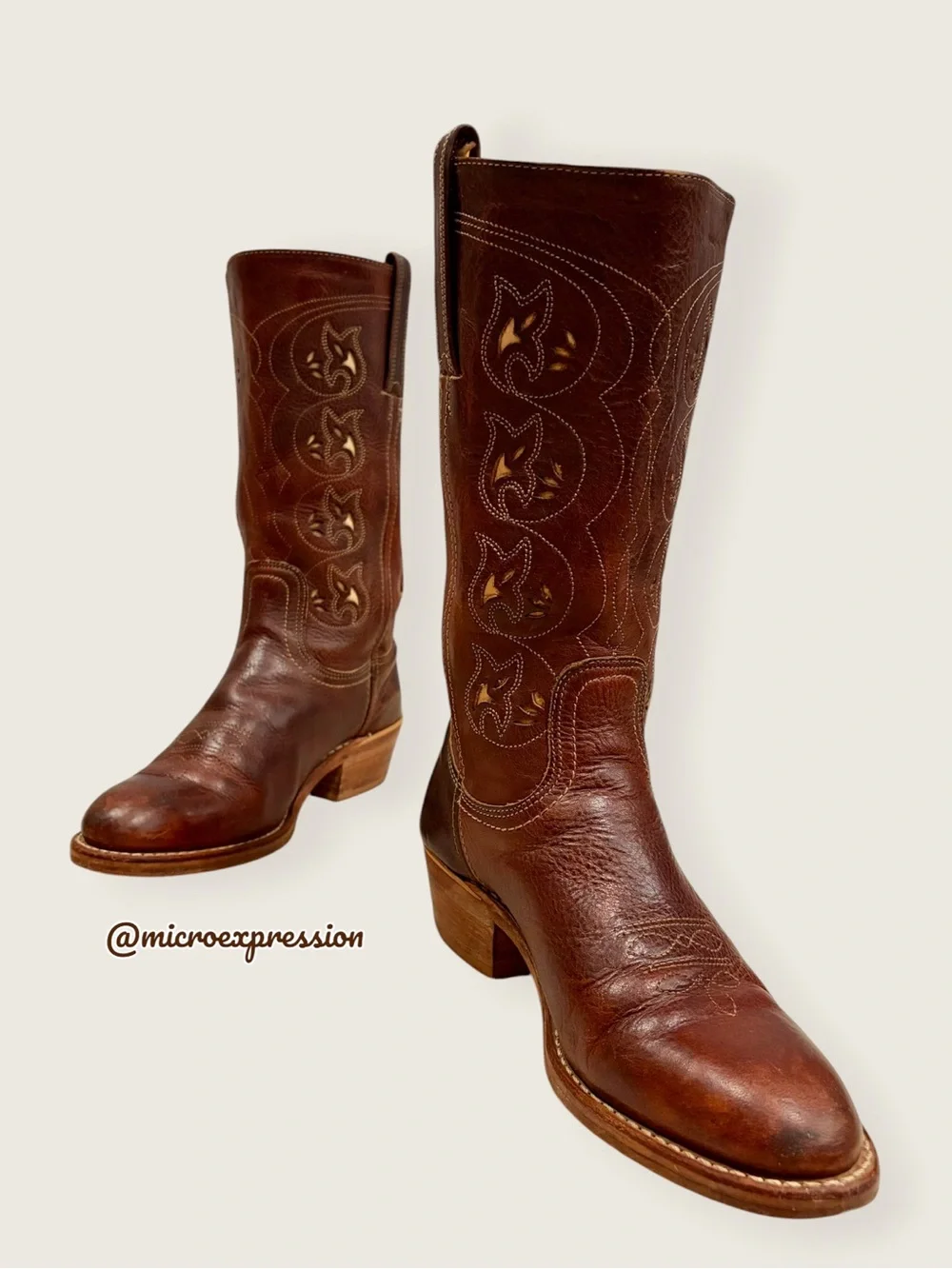 VINTAGE 1980s Frye Austin Brown Leather Floral Embroidered Southern Cowboy Boot